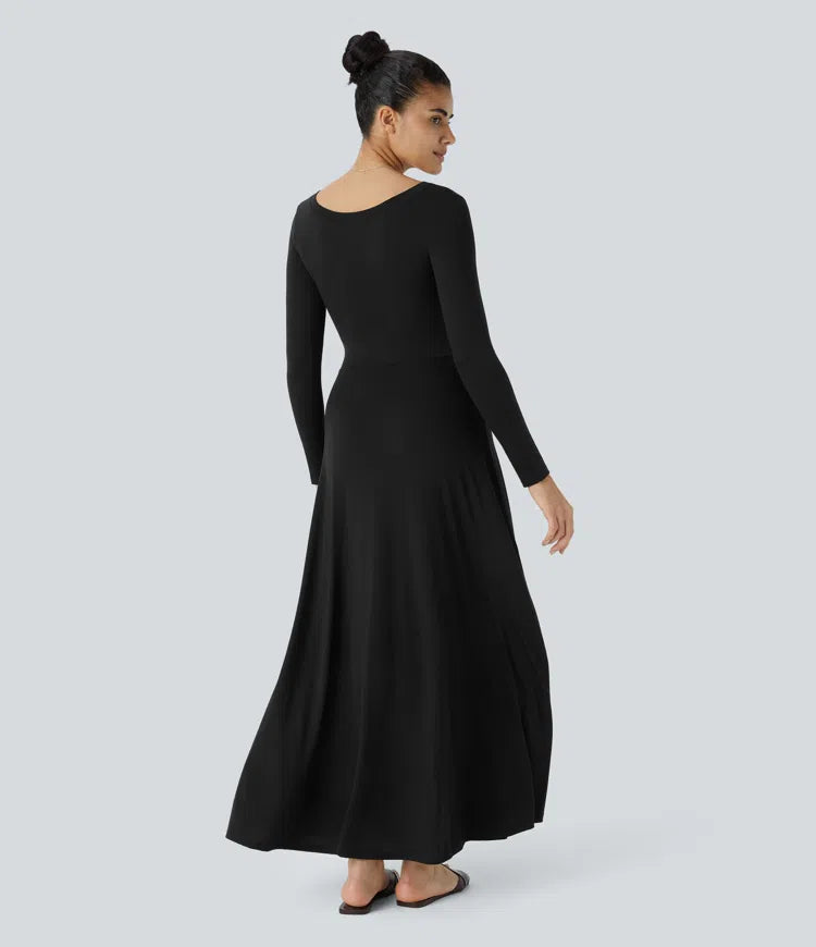 Elegant Draped V-Neck Long Sleeve Maxi Dress for Casual Everyday Style
