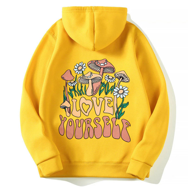 Drop-shoulder Sleeve Letters LOVE YOURSELF Hooded Fleece Sweatshirt