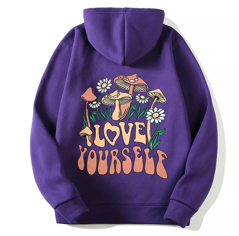 Drop-shoulder Sleeve Letters LOVE YOURSELF Hooded Fleece Sweatshirt