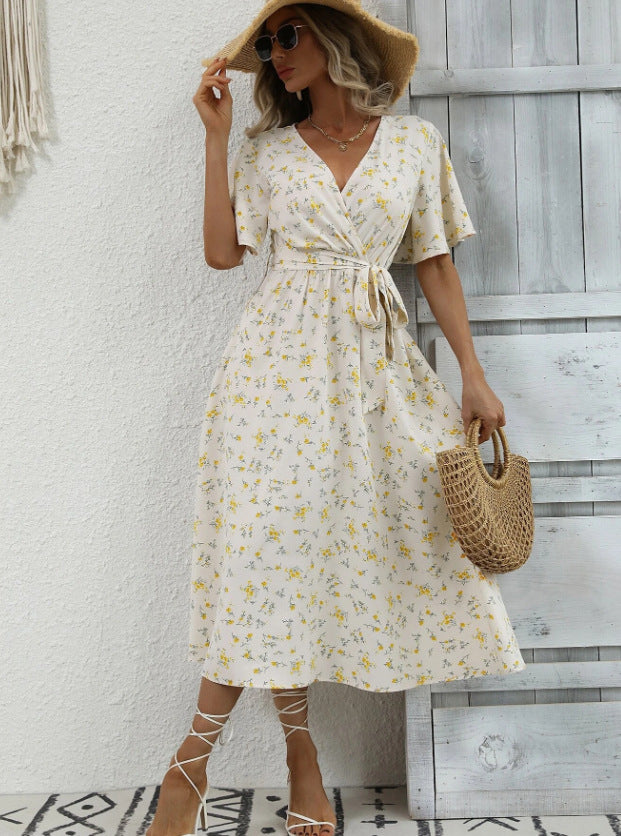 Mid-length V-neck Small Floral Tie-neck Ruffled Dress