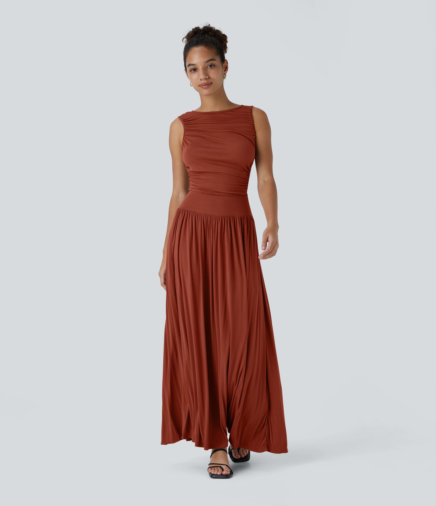 Chic Ribbed Boat Neck Flowy Maxi Dress with Asymmetric Strap & Side Pockets
