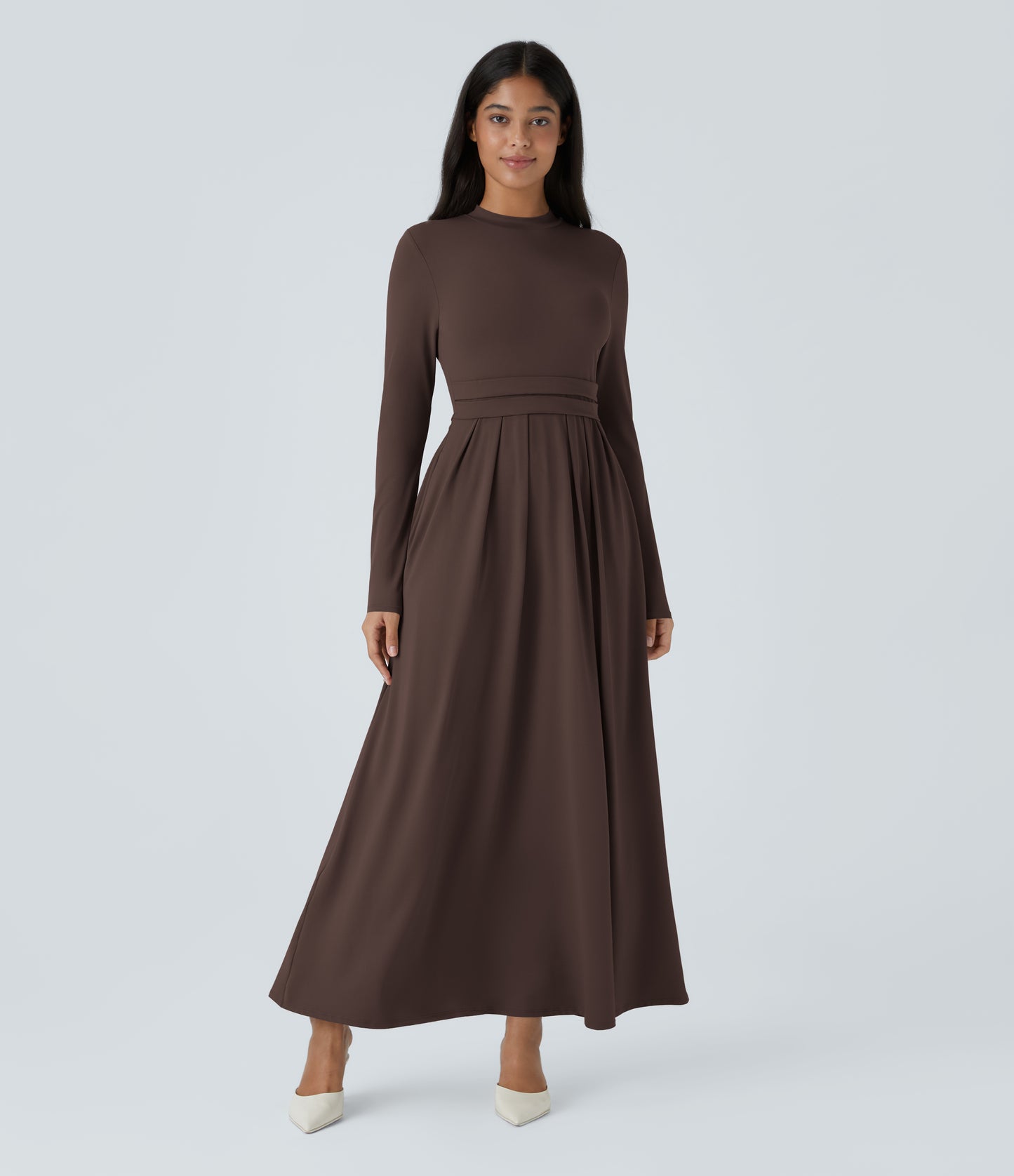 Elegant Mock-Neck Long Sleeve Flare Maxi Dress with Pockets for Women