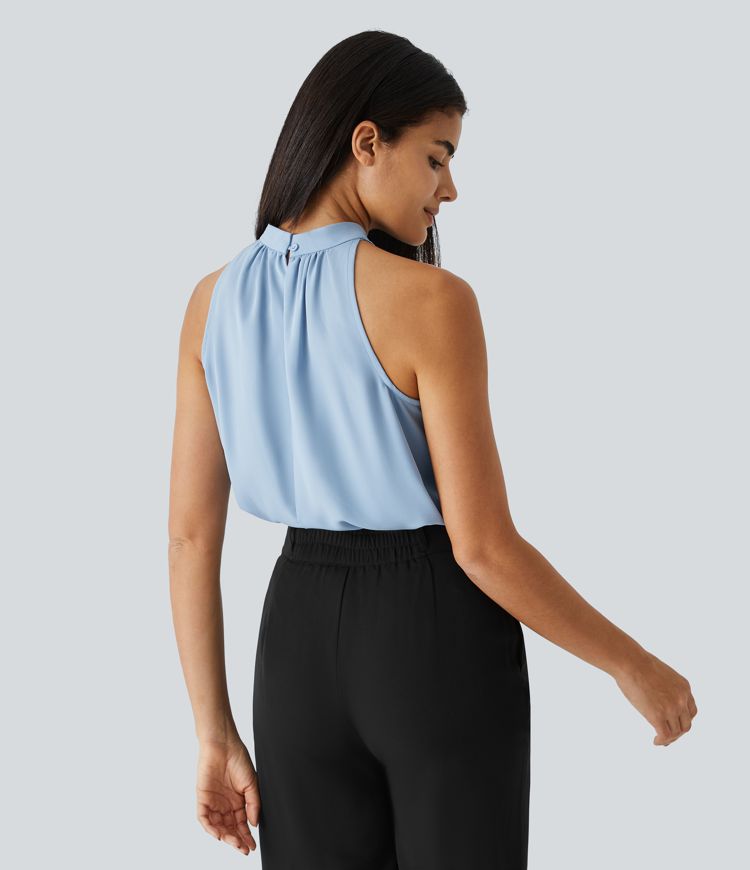 Chic Keyhole Back Halter Sleeveless Work Blouse with Elegant Curved Hem