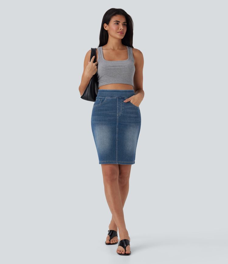 Halara Flex High Waisted Stretchy Knit Denim Midi Skirt with Pockets