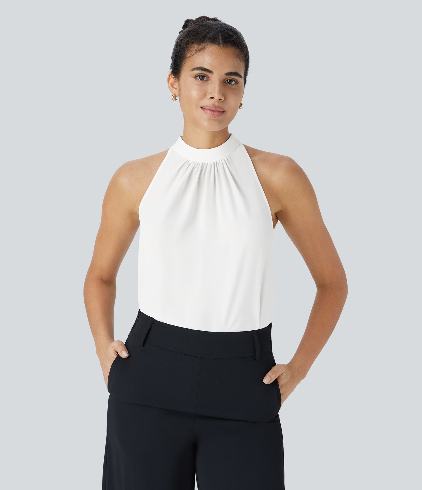 Chic Keyhole Back Halter Sleeveless Work Blouse with Elegant Curved Hem