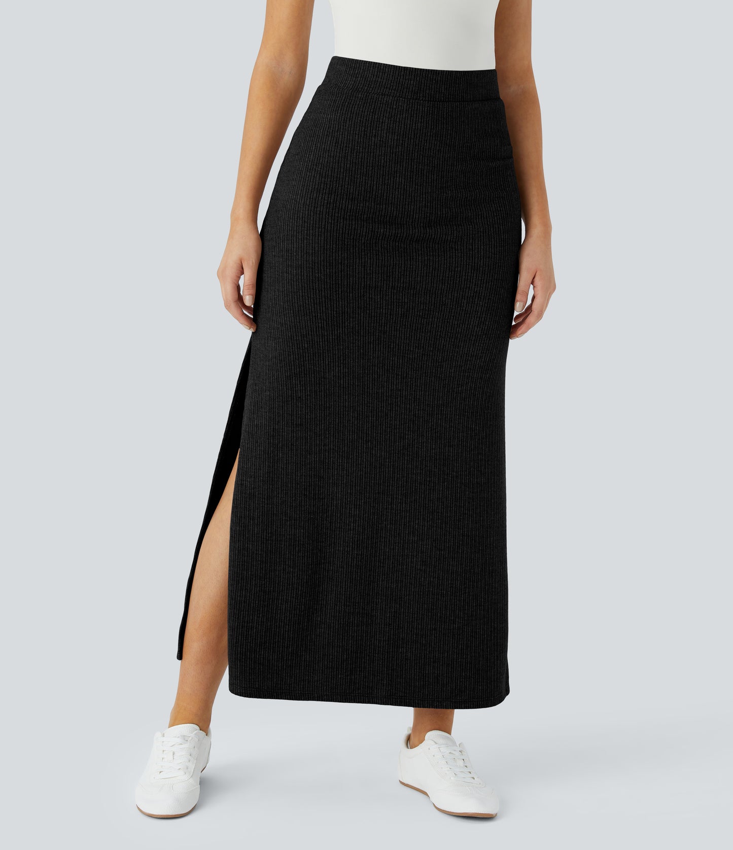Ribbed High-Waisted Split Hem A-Line Maxi Casual Skirt for Everyday Elegance