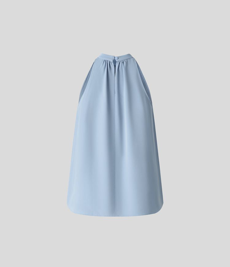 Chic Keyhole Back Halter Sleeveless Work Blouse with Elegant Curved Hem