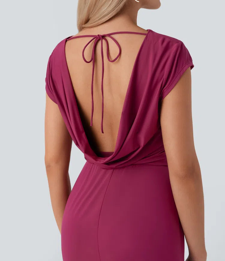 Elegant Backless Tie-Back Cowl Neck Cap Sleeve Maxi Dress for Parties & Events