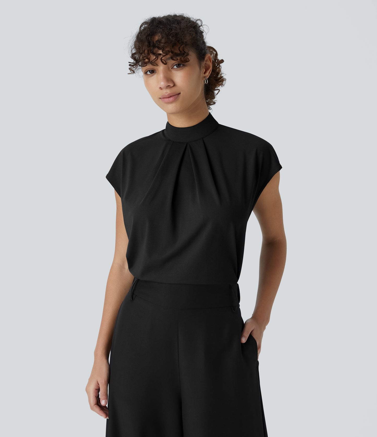 Women's Professional Stand Collar Cap Sleeve Work Blouse - Comfortable Stretch Office Top