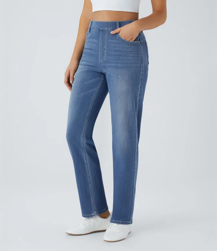 Halara Flex High-Waisted Pockets Straight Leg Washed Stretchy Knit Jeans