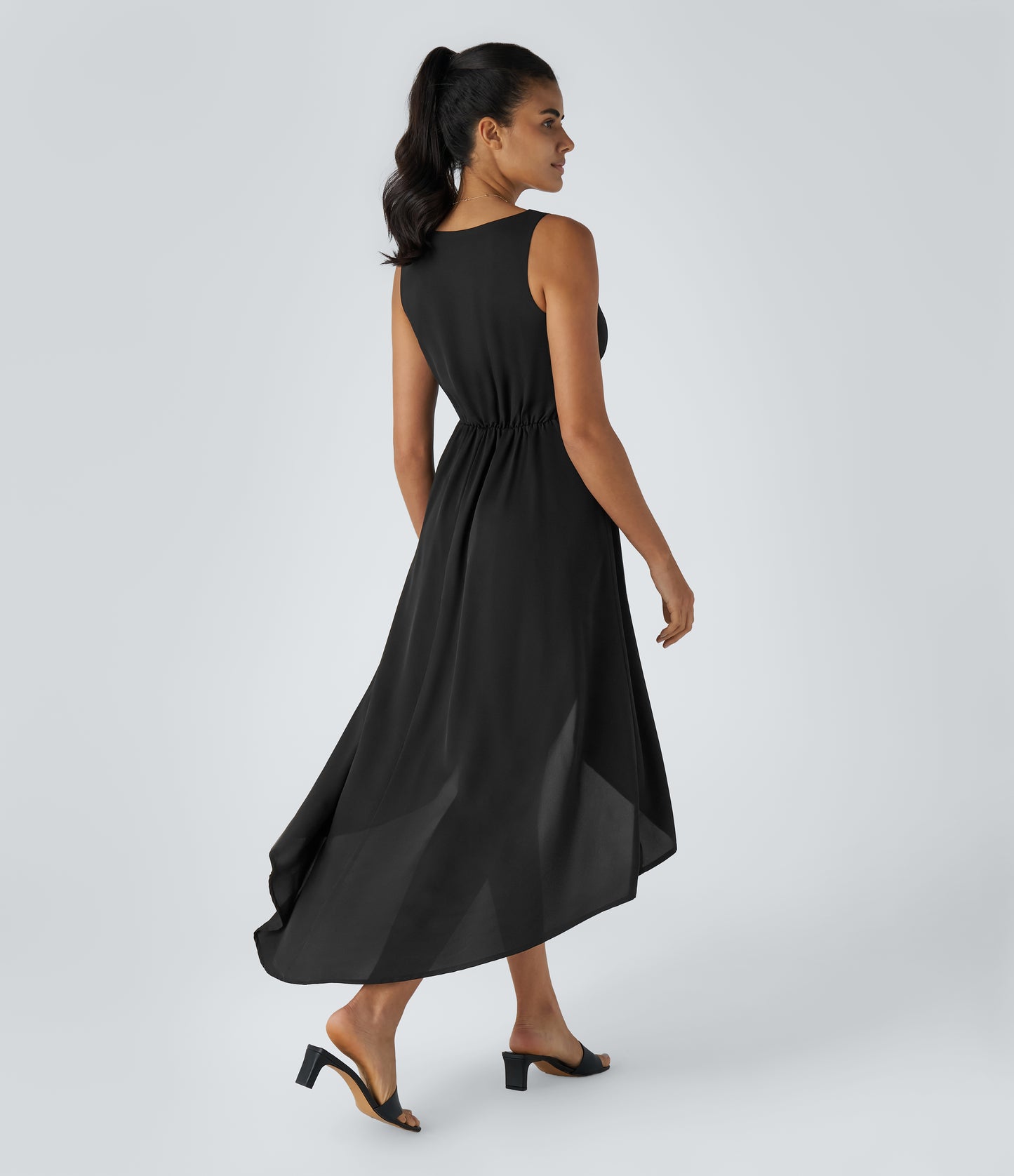 Women's Deep V Neck Sleeveless Crossover Hem High-Low Flowy Maxi Dress