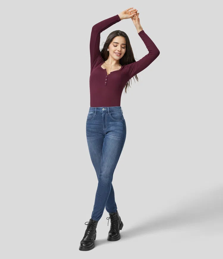 Women's Versatile Ribbed Henley Neck Long Sleeve Slim Casual Top