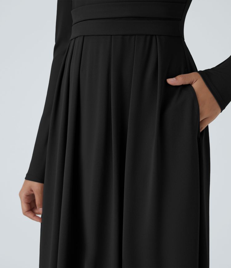 Elegant Mock-Neck Long Sleeve Flare Maxi Dress with Pockets for Women