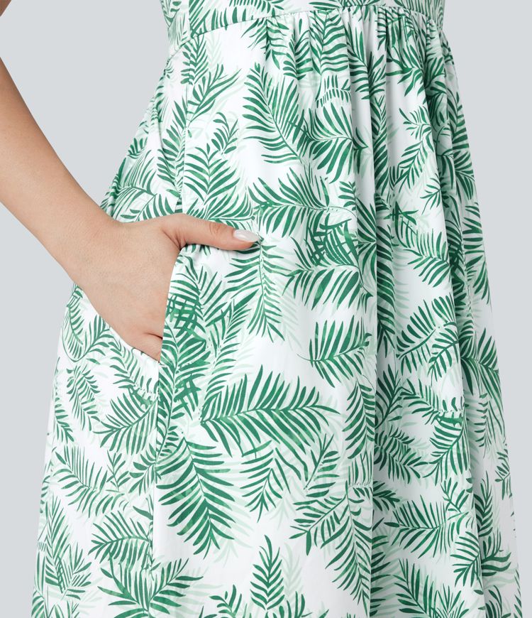 Chic Floral Print Maxi Dress: Flowy, Backless Lace-Up Design with Pockets