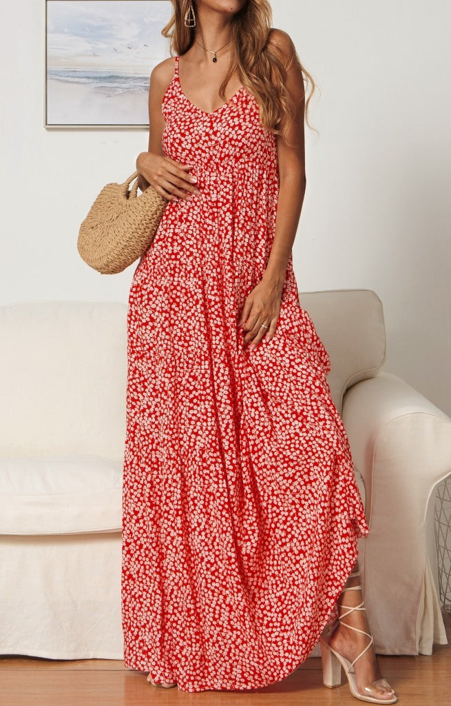 V-neck Dress Maxi Dress With Small Floral Strap