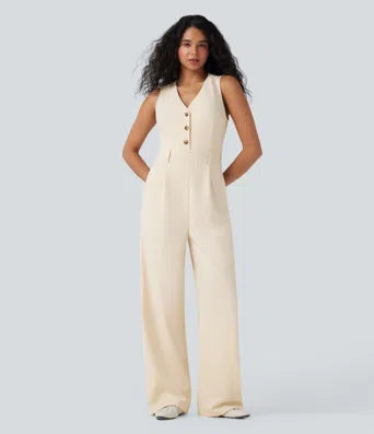 Chic V-Neck Sleeveless Jumpsuit with Pockets: Effortless Style, Ultimate Comfort