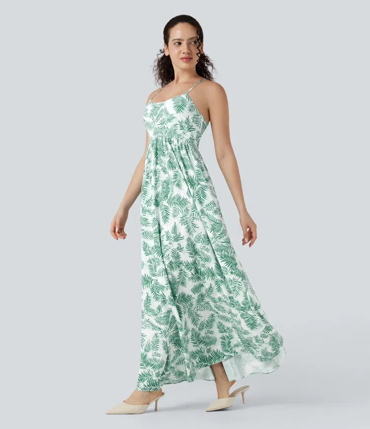 Chic Floral Print Maxi Dress: Flowy, Backless Lace-Up Design with Pockets