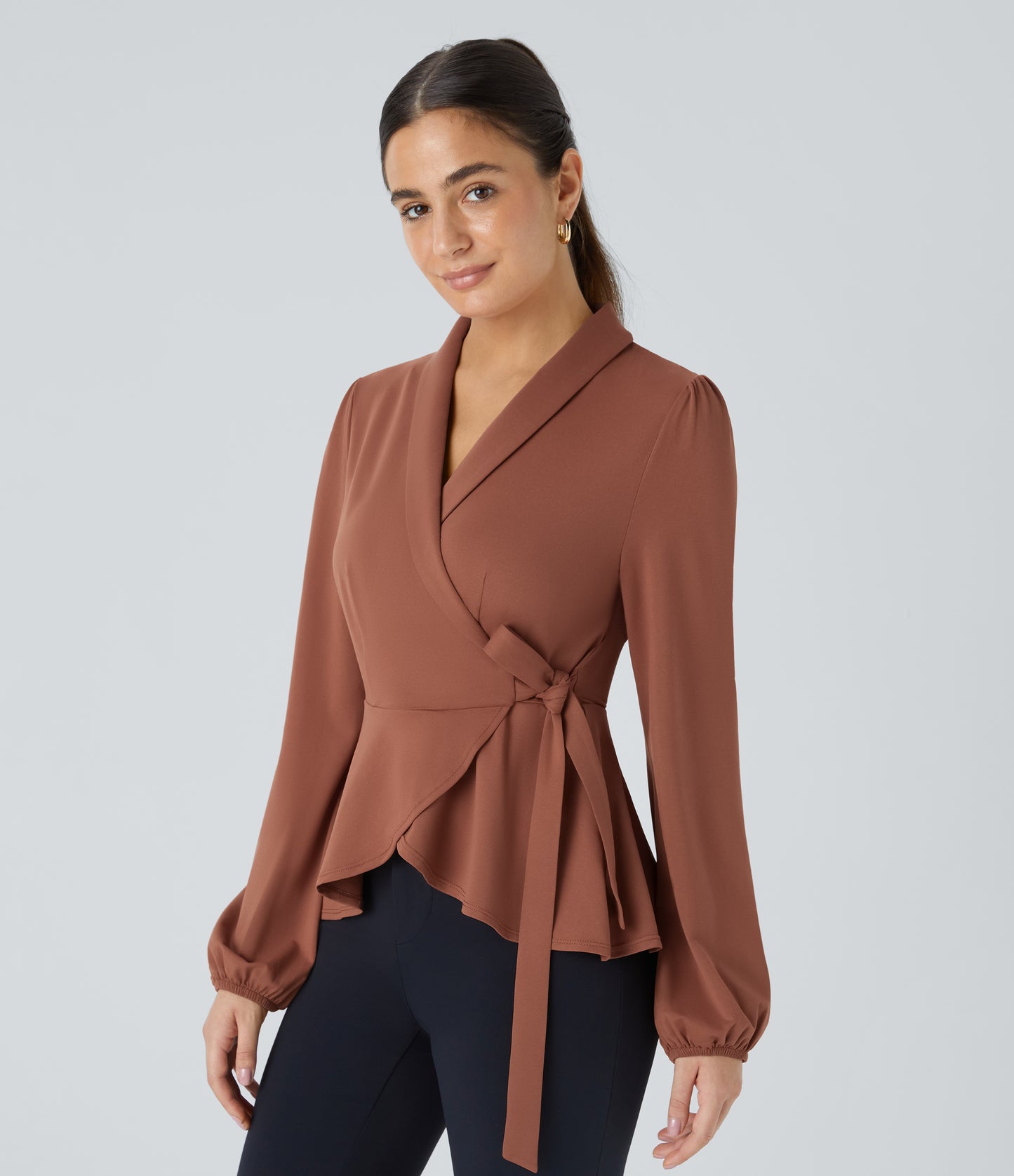 Elegant Shawl Collar Wrapped Tie Side Ruffle Hem Blouse for Work