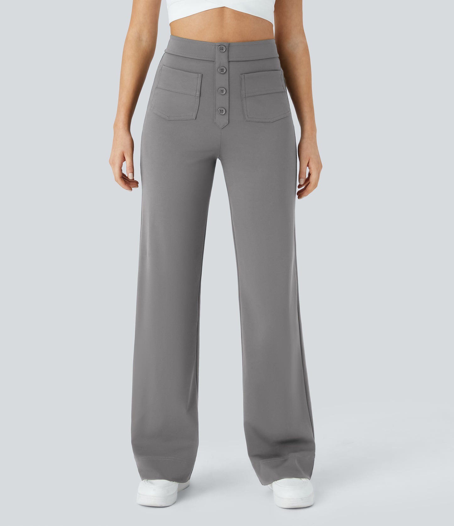 Halara High Waisted Button Straight Leg Casual Pants with Multiple Pockets