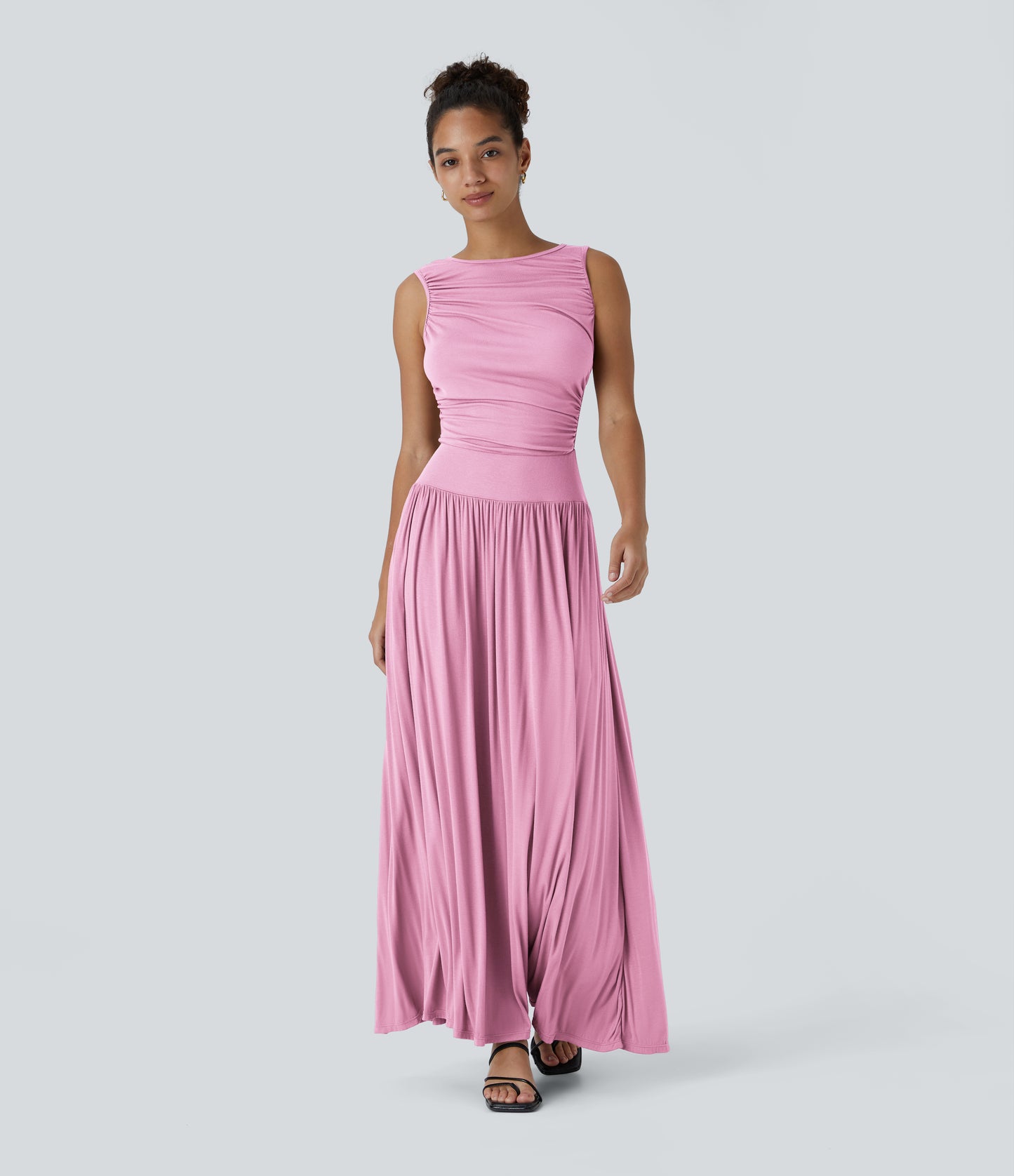 Chic Ribbed Boat Neck Flowy Maxi Dress with Asymmetric Strap & Side Pockets