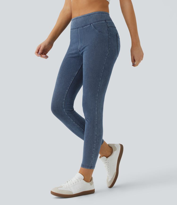 Halara Flex High-Waisted Pockets Straight Leg Washed Stretchy Knit Jeans