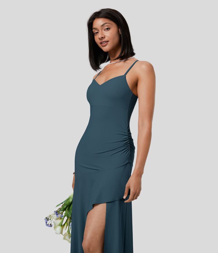 Elegant Women's Backless Adjustable Strap Ruched Split Flowy Maxi Dress for Events