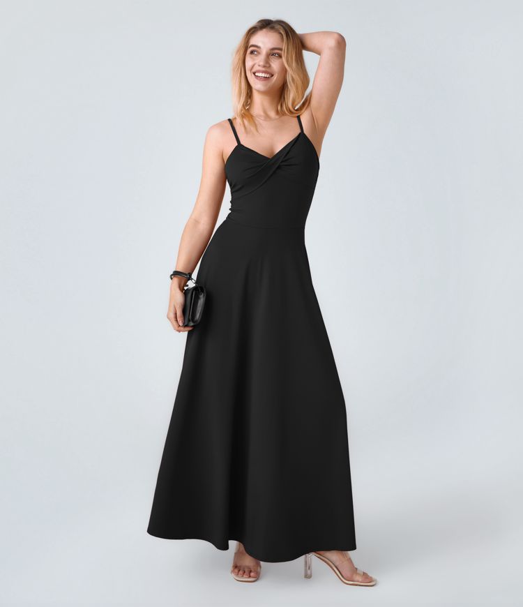 Women's U-Back Flowy Maxi Slip Dress with Flared Hem and Adjustable Straps