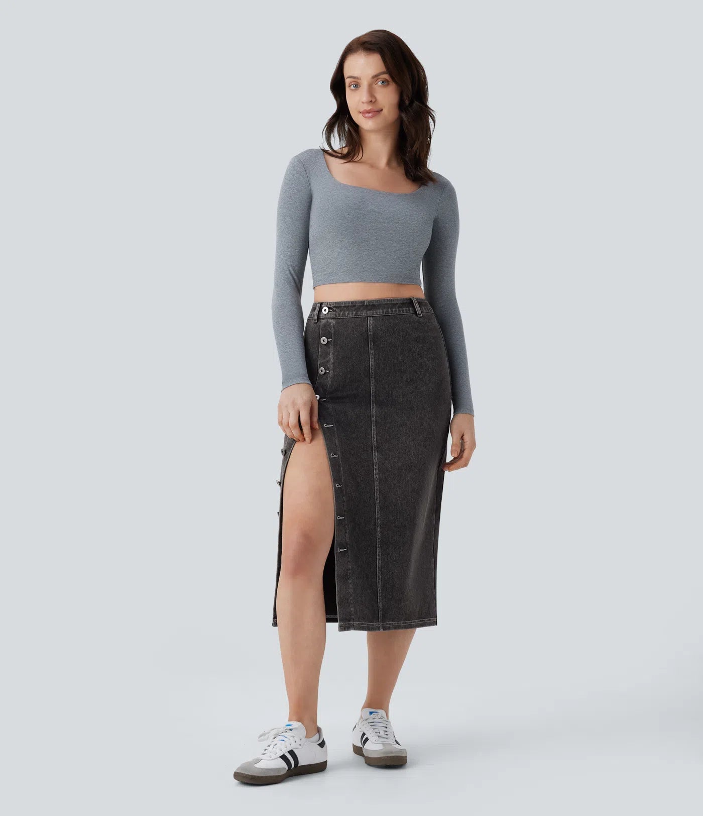 Halara Flex High-Waisted Stretchy Knit Denim Midi Skirt with Front Buttons