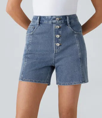 Halara Flex High Waisted Decorative Button Multiple Pockets Stretchy Knit Denim Casual Shorts