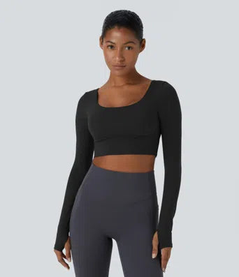 Softlyzero Plush Thumb Hole Backless Crisscross Cut Out Cropped Sports Top