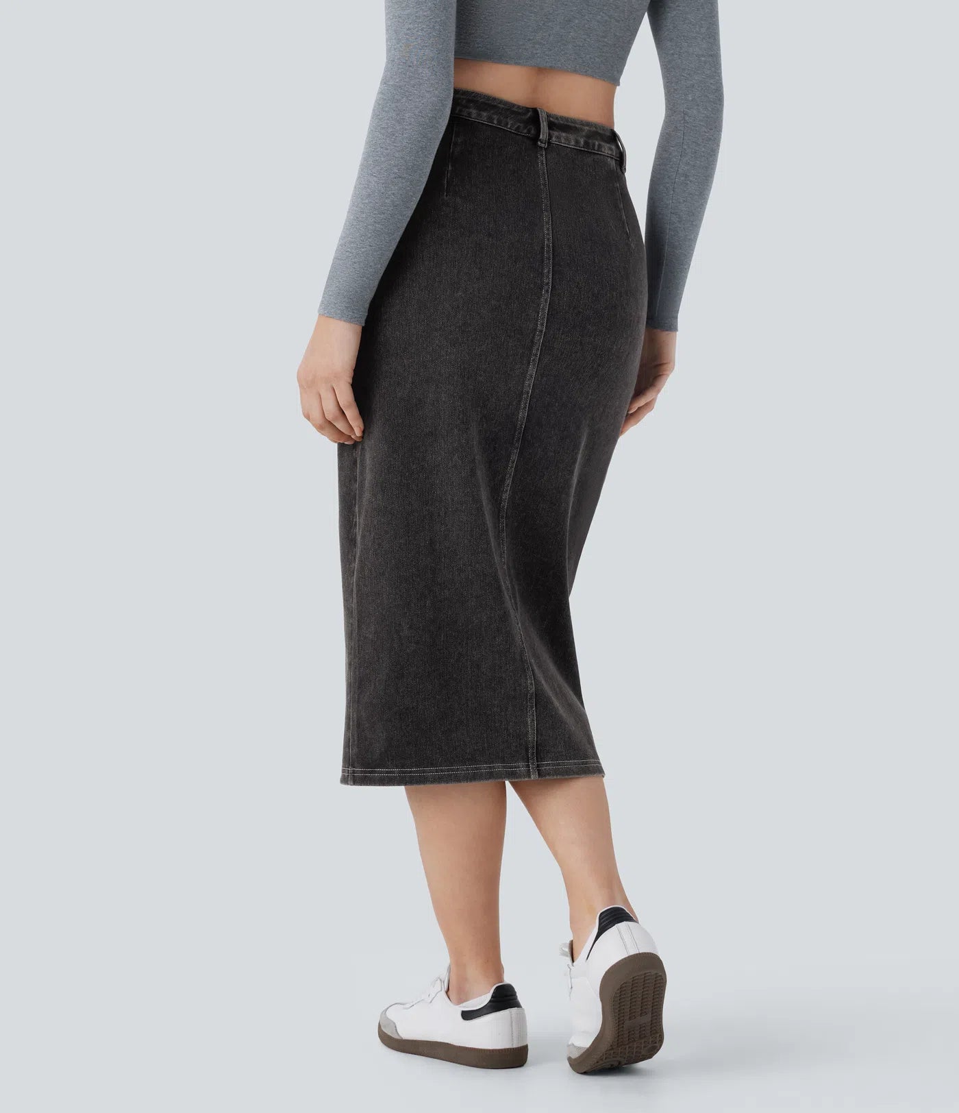 Halara Flex High-Waisted Stretchy Knit Denim Midi Skirt with Front Buttons