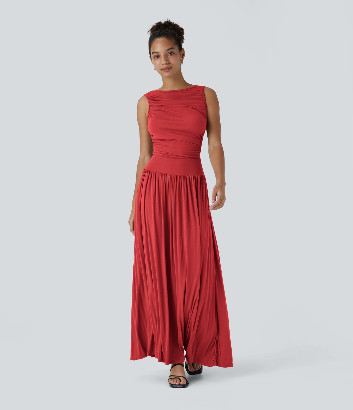 Chic Ribbed Boat Neck Flowy Maxi Dress with Asymmetric Strap & Side Pockets