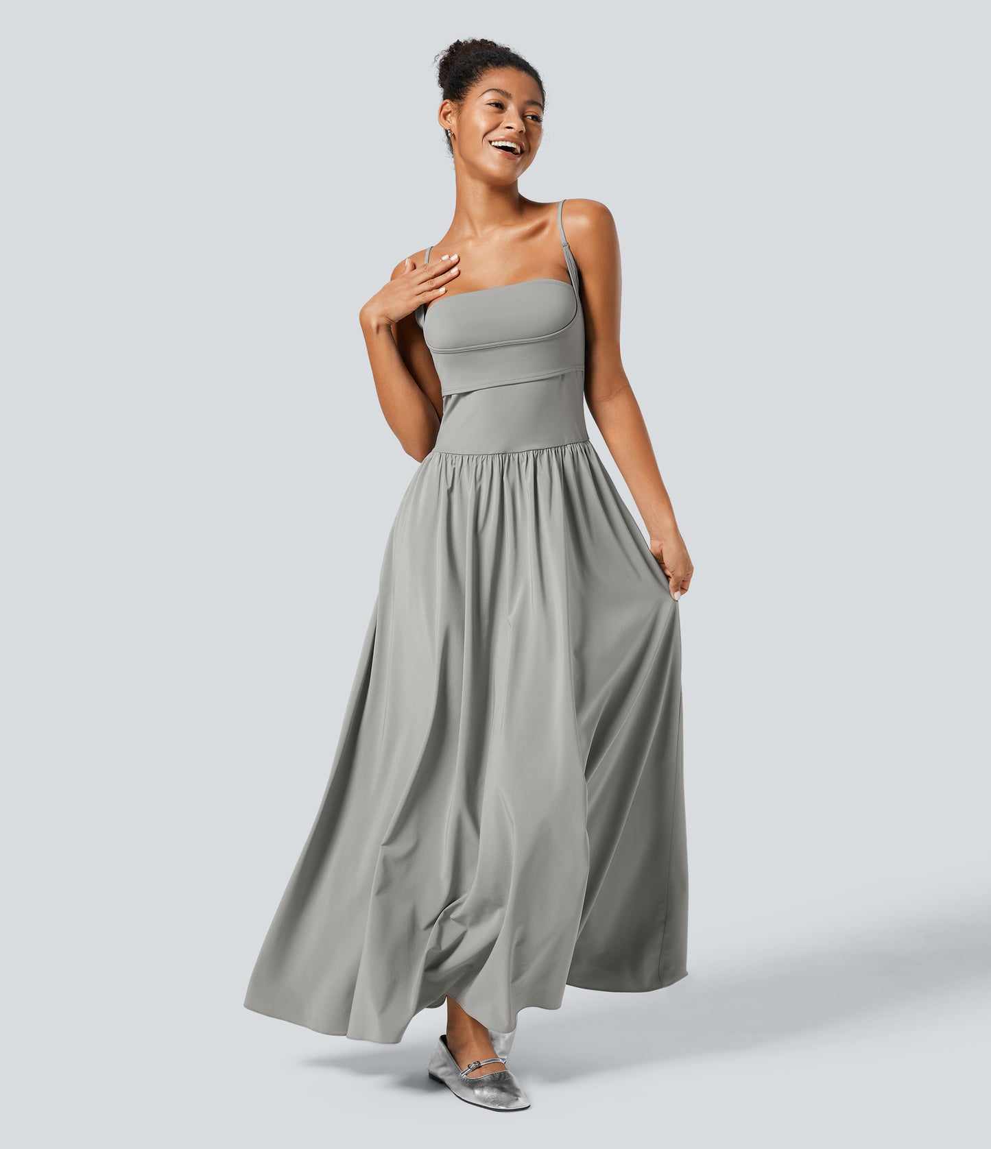 Breezeful Backless Side Pocket Flowy Flare Maxi Quick Dry Casual Slip Dress