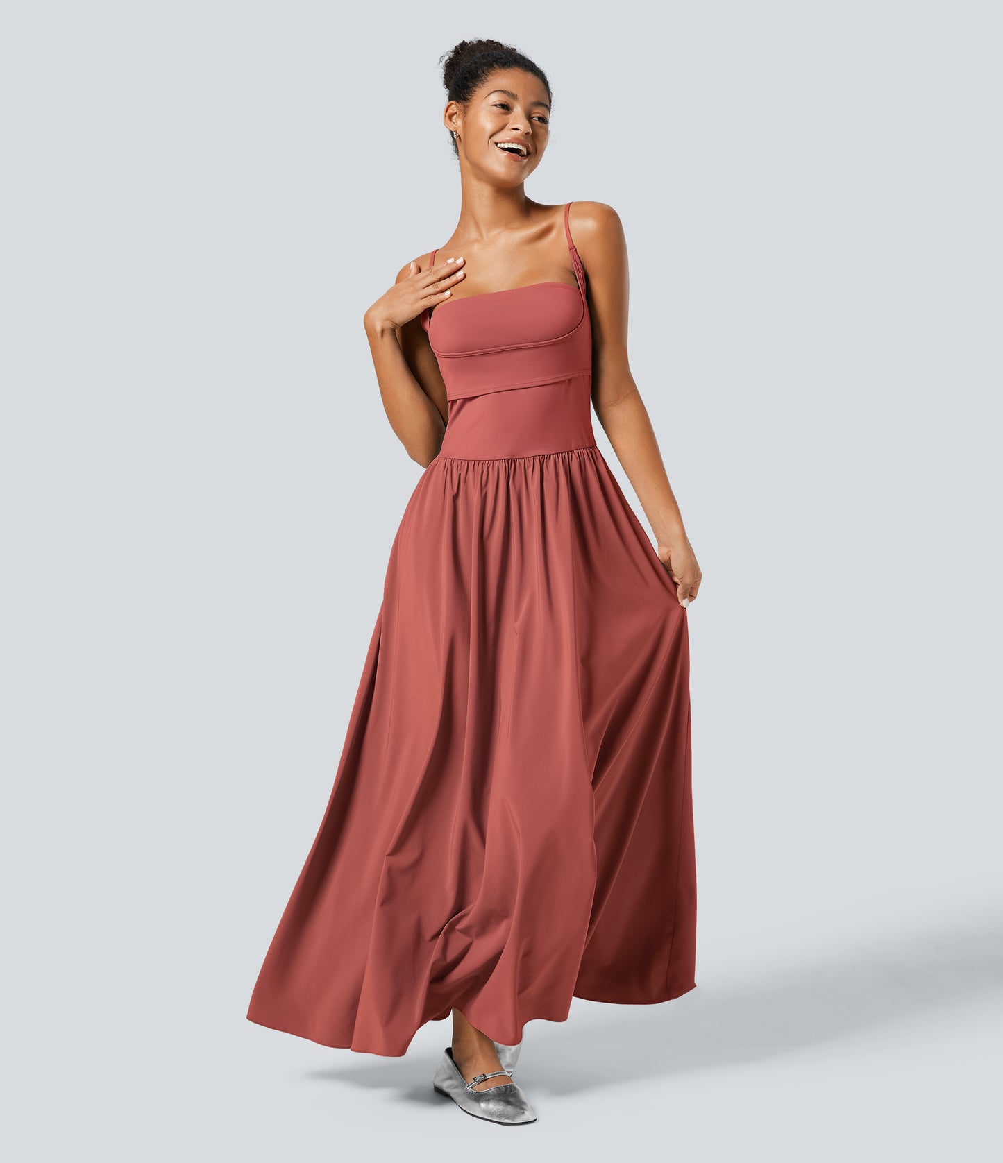 Breezeful Backless Side Pocket Flowy Flare Maxi Quick Dry Casual Slip Dress