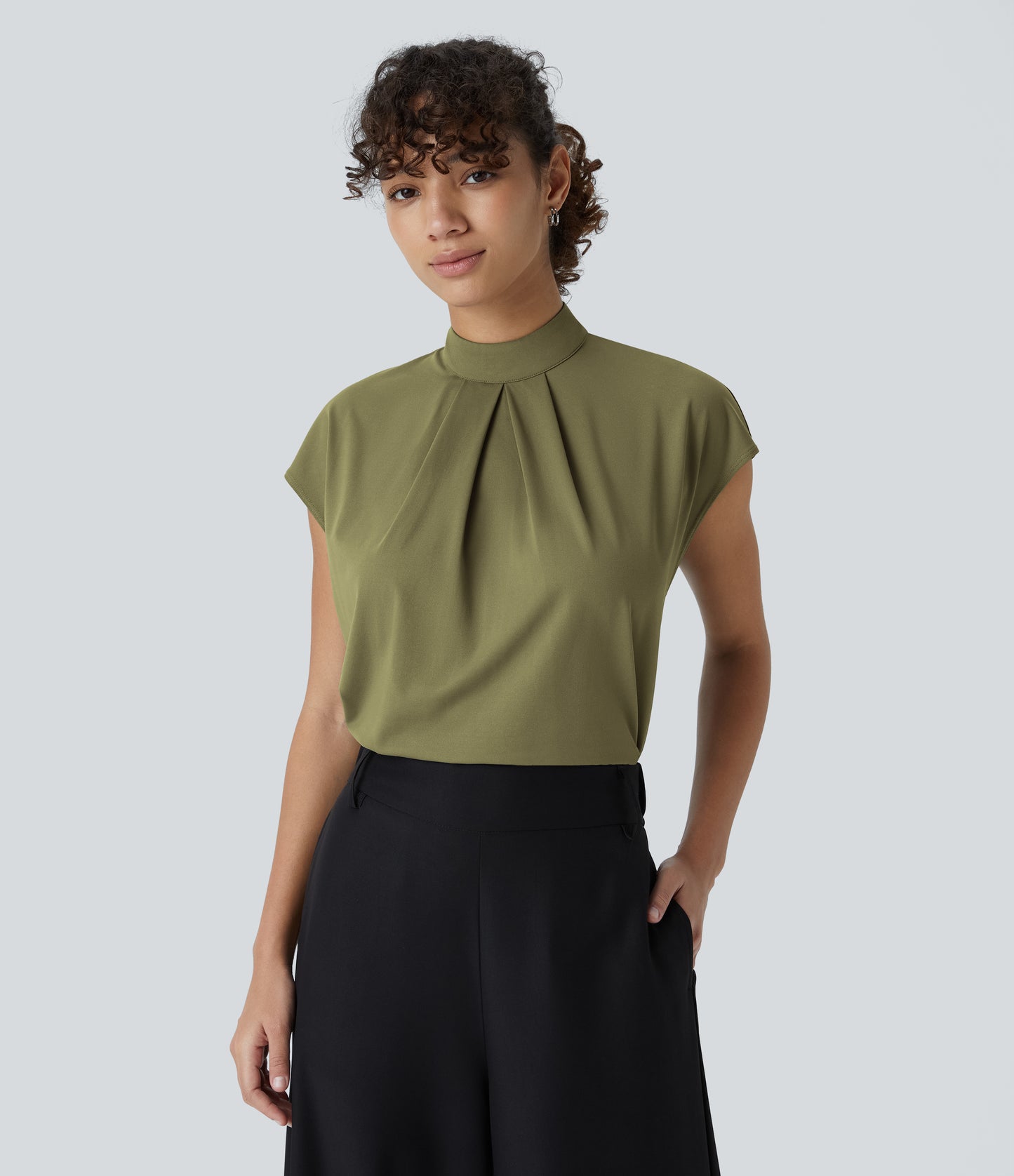 Women's Professional Stand Collar Cap Sleeve Work Blouse - Comfortable Stretch Office Top