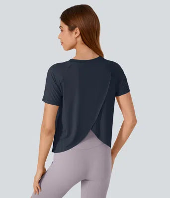 Contrast Mesh Split Hem Short Sleeve Cool Touch Yoga Sports Top-UPF50+