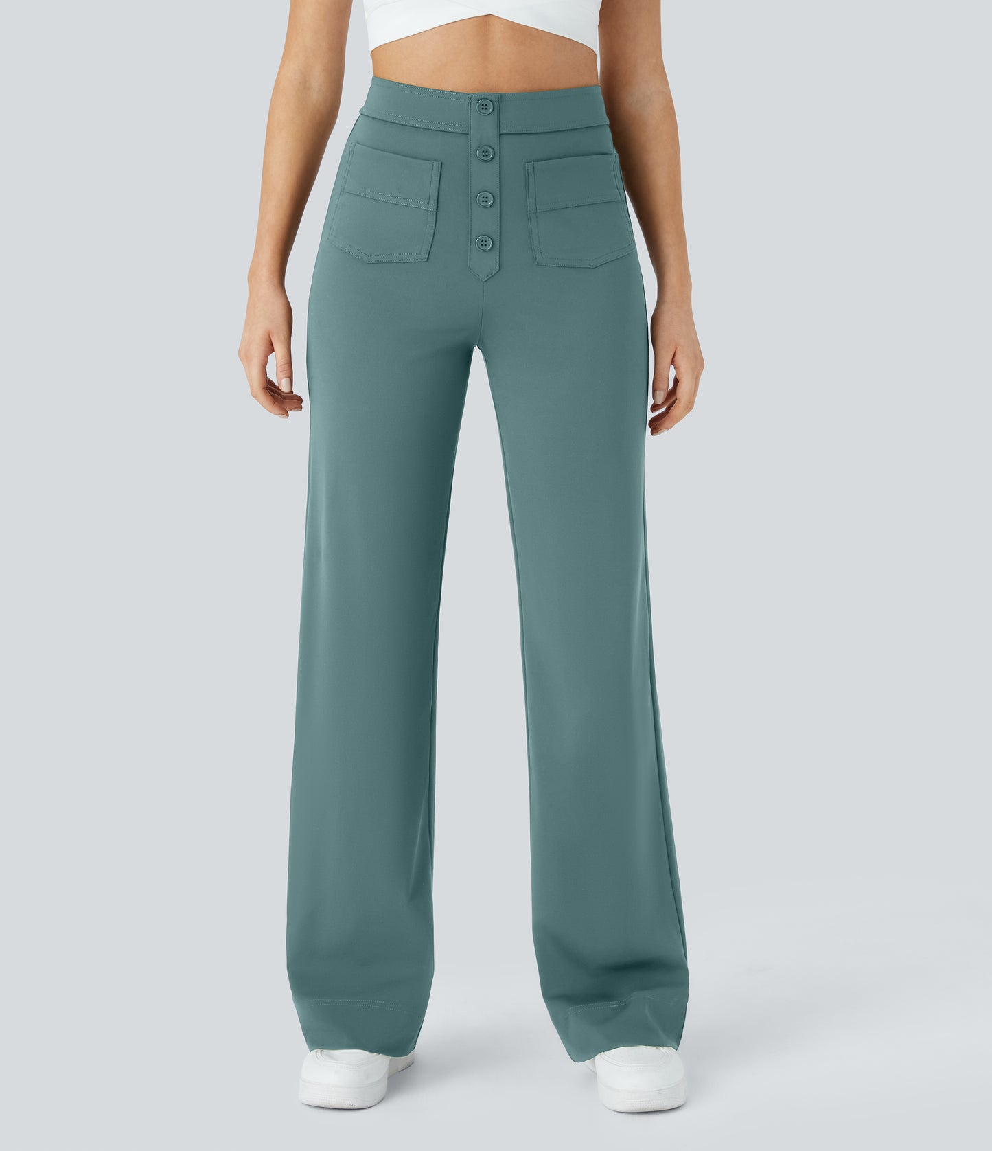 Halara High Waisted Button Straight Leg Casual Pants with Multiple Pockets