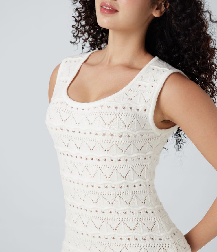 Chic U-Neck Sleeveless Open Knit Mini Sweater Dress with Scallop Hem