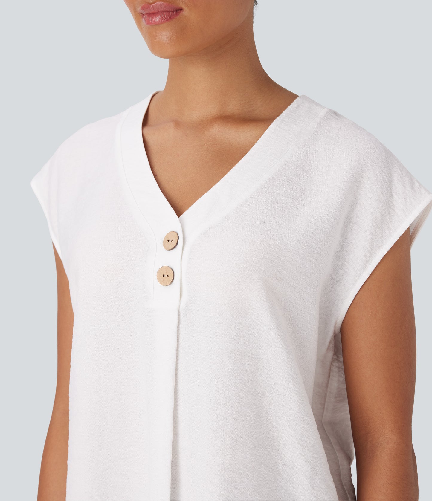 Elegant V-Neck Cap Sleeve Decorative Button Work Blouse for Women