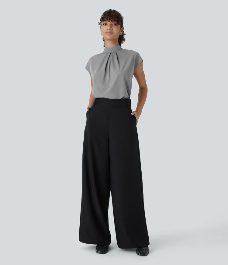 Women's Professional Stand Collar Cap Sleeve Work Blouse - Comfortable Stretch Office Top
