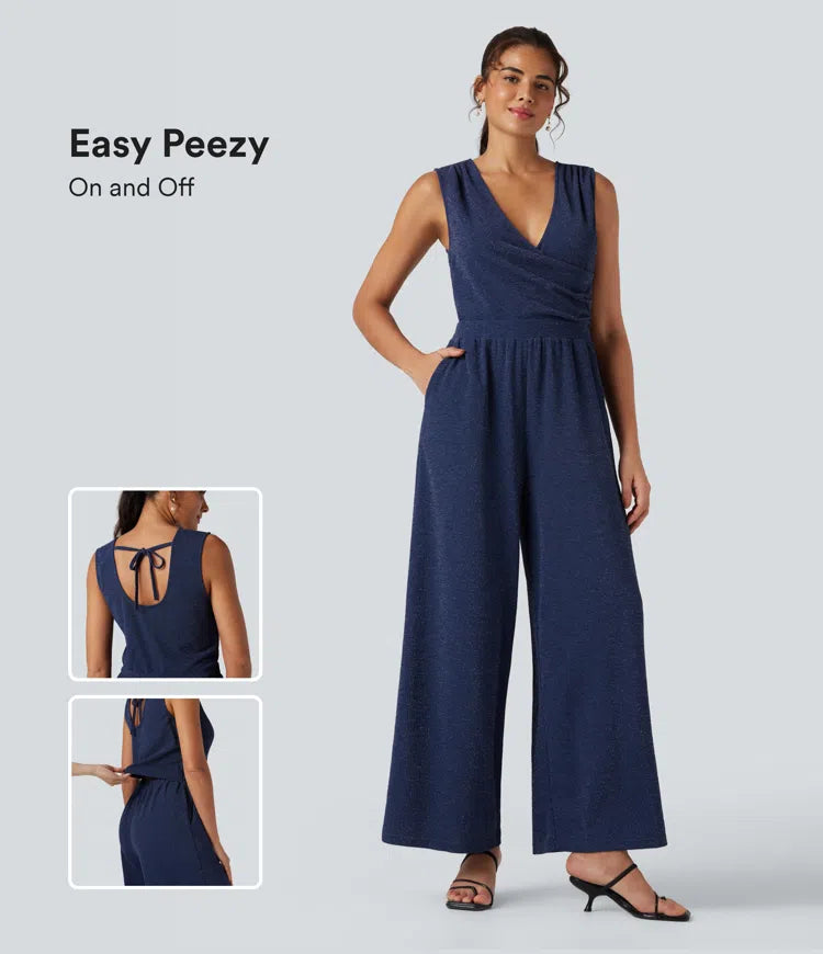 Women's Chic Sleeveless Metallic Jumpsuit with Pockets and Tie Back