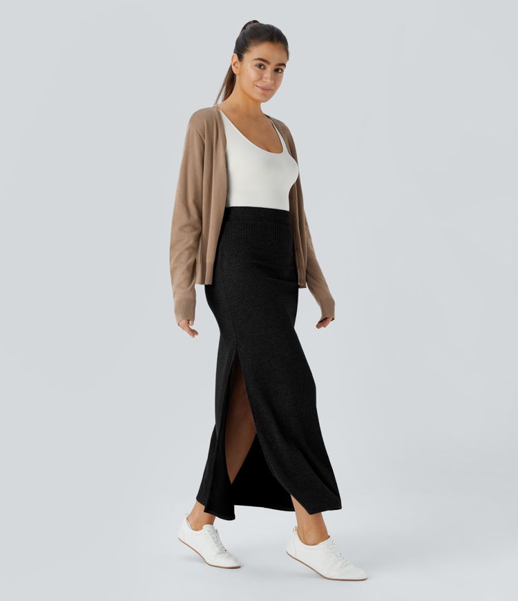 Ribbed High-Waisted Split Hem A-Line Maxi Casual Skirt for Everyday Elegance