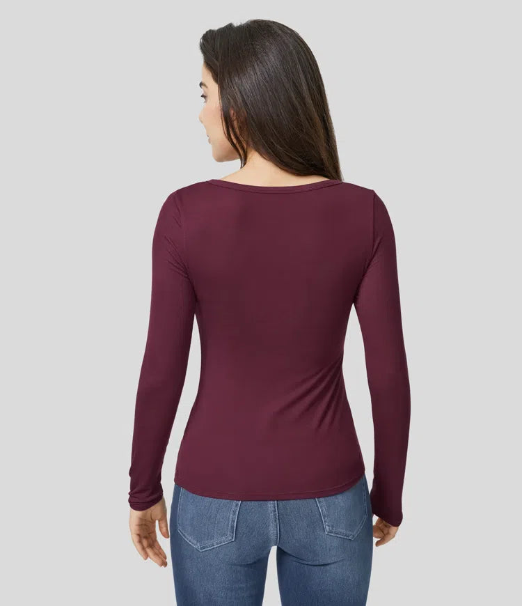 Women's Versatile Ribbed Henley Neck Long Sleeve Slim Casual Top