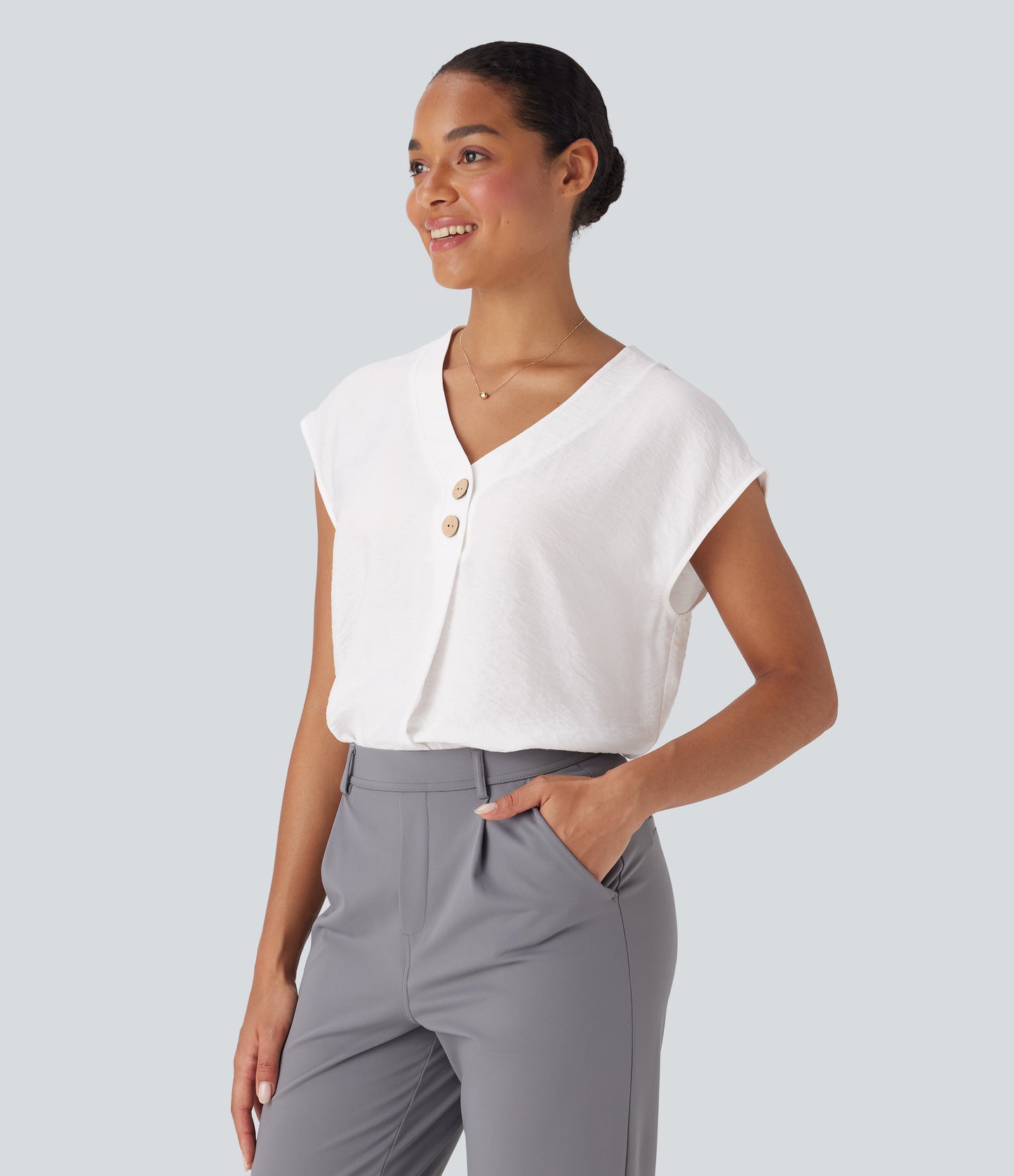 Elegant V-Neck Cap Sleeve Decorative Button Work Blouse for Women