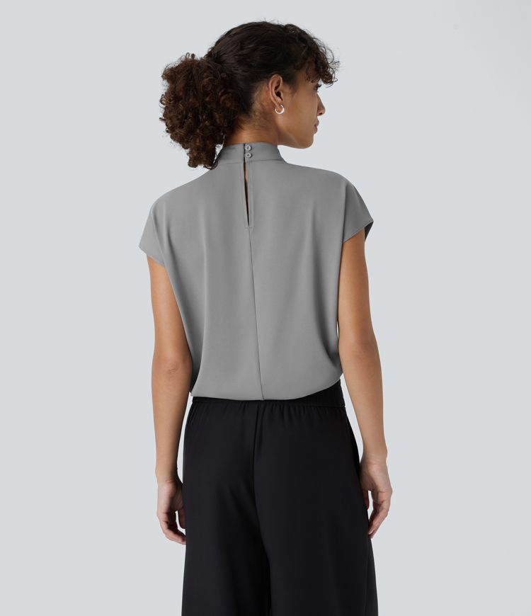 Women's Professional Stand Collar Cap Sleeve Work Blouse - Comfortable Stretch Office Top