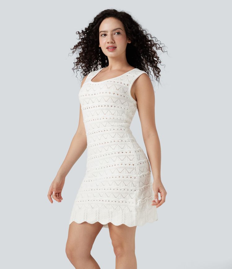 Chic U-Neck Sleeveless Open Knit Mini Sweater Dress with Scallop Hem
