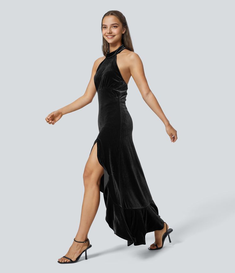 Luxurious Halter Neck Ruffle Hem Velvet Maxi Dress – Elegant Evening Gown