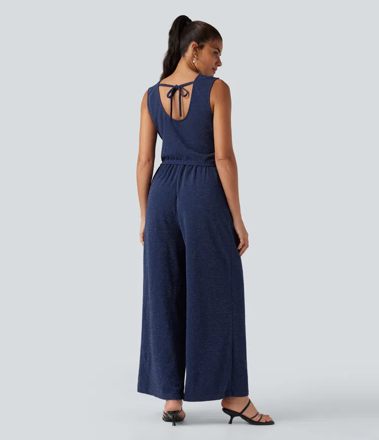 Women's Chic Sleeveless Metallic Jumpsuit with Pockets and Tie Back