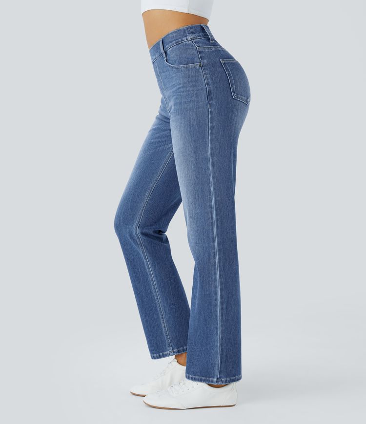 Halara Flex High-Waisted Pockets Straight Leg Washed Stretchy Knit Jeans