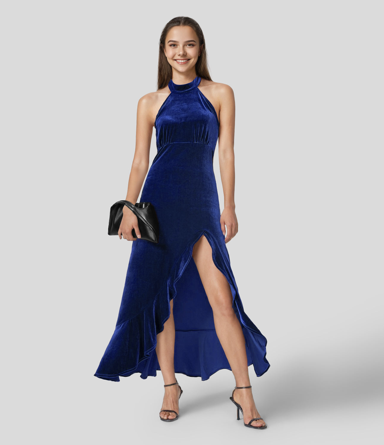 Luxurious Halter Neck Ruffle Hem Velvet Maxi Dress – Elegant Evening Gown